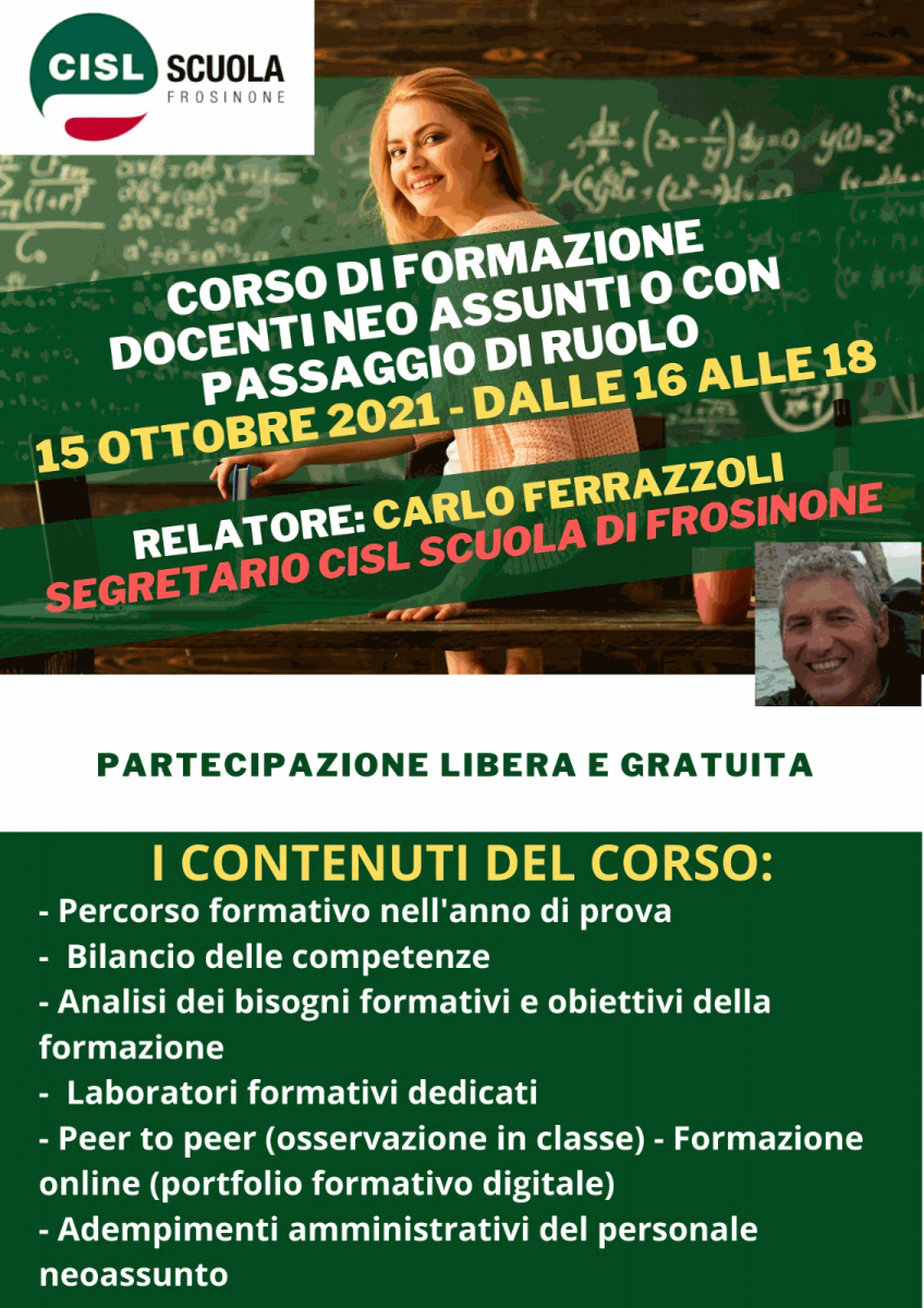 Locandina corso online per neoassunti CISL Scuola 15 ottobre 2021
